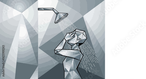 Geometric Figure Taking Shower In Bathroom Mosaic Style Illustration