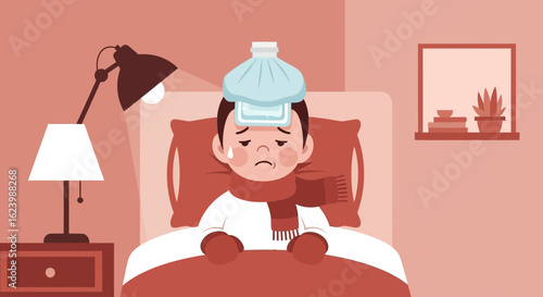 Illustration Of A Sick Boy Lying In Bed With Ice Pack And Scarf