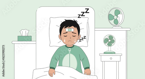 Illustration Of A Sick Child Resting In Bed While Recovering From Illness