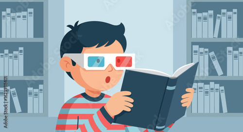 Immersed In A Novel World Boy With 3d Glasses Reading Surprising Book