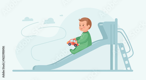 Infant Plays With a Car While Going Down a Kids Slide Illustration