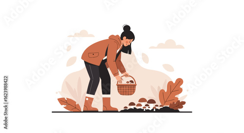 Girl Gathering Wild Forest Mushrooms In Autumn Season Scenic Landscape