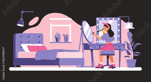 Girl Getting Ready In Her Room In A Vector Style Illustration