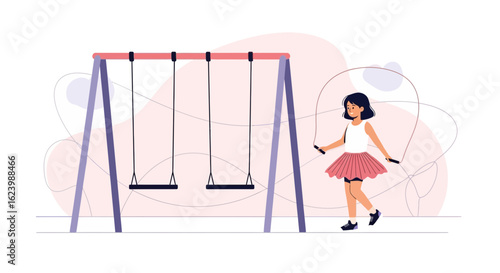 Girl Having Fun Skipping Rope Near Swing Set At The Playground Vector