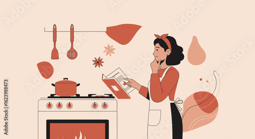 Inspired Home Chef Exploring Recipe Book In An Artistic Kitchen Setting