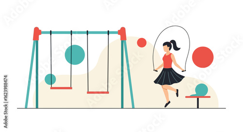 Girl In Active Fun Doing Exercises With Jump Rope In The Playground