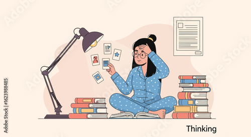 Girl In Pajamas Studying With Books Feeling Frustrated About Information Overload