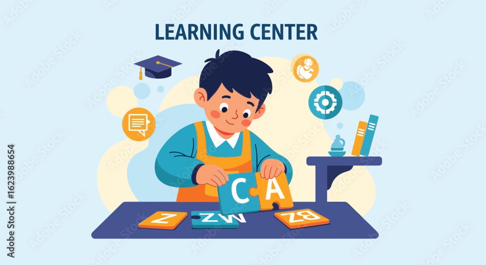 Fototapeta premium Joyful Boy Engaged In Educational Puzzle Game At Learning Center Cartoon