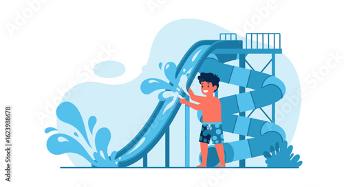 Joyful Boy Enjoys the Summer Season at a Waterpark with Fun Water Slides