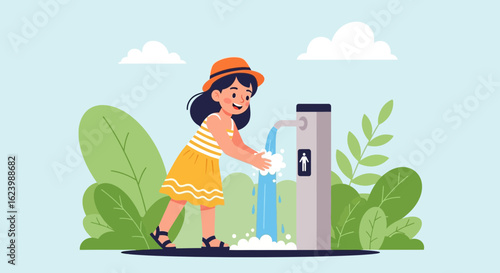 Girl Washing Hands At A Public Fountain During Outdoor Activities Happy Healthy