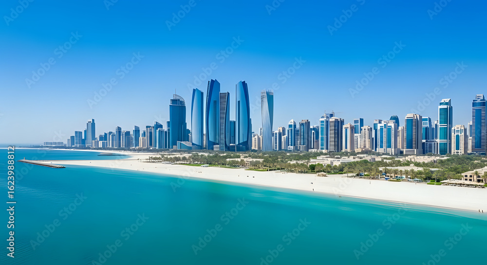 Obraz premium Stunning cityscape with modern skyscrapers, pristine white sand beach, and vibrant turquoise water under a clear blue sky