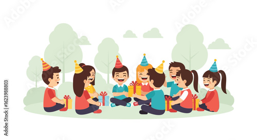 Joyful Children Celebrating With Gifts And Party Hats In An Outdoor Setting