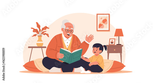 Grandfather Reads to Granddaughter During Storytime Together in a Cozy Home
