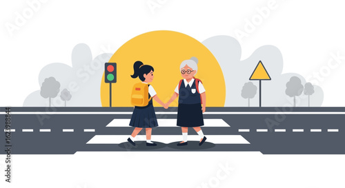 Grandmother And Granddaughter Safely Crossing The Road At A Pedestrian Crossing