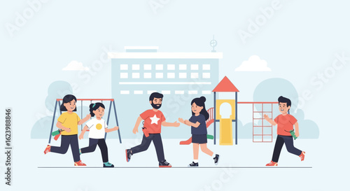 Joyful Family Tag Game at Playground Scene with Playful Kids and Energetic Father