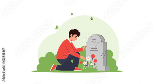 Grief And Remembrance, Mourning Loss At Grave, Visit To Cemetery Grave