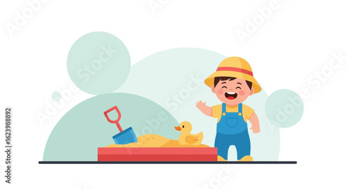 Joyful Kid Plays In Sandbox With Toy Duck On Summertime Vacation