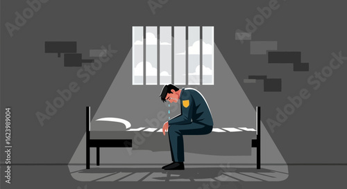 Guardsman Feeling Despair Sitting On Bed Inside Prison Cell With Window