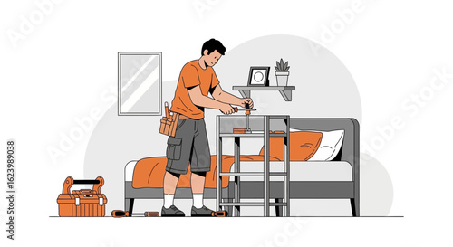 Handyman Assembling Furniture With Manual Screwdriver At Home Or Hotel Room