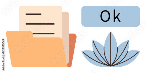 Open folder containing documents beside a blue Ok label and a lotus flower. Ideal for organization, approval, harmony, clarity, productivity, mindfulness, and balance. Simple flat metaphor