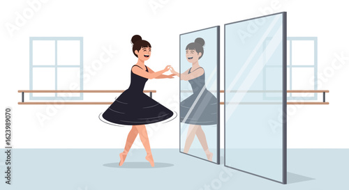 Happy Ballerina Practicing In Dance Studio Looking At Reflection In Mirror