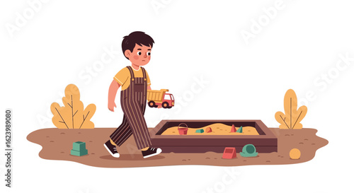 Joyful Time Spending in the Sandbox by a Boy Holding a Toy Truck