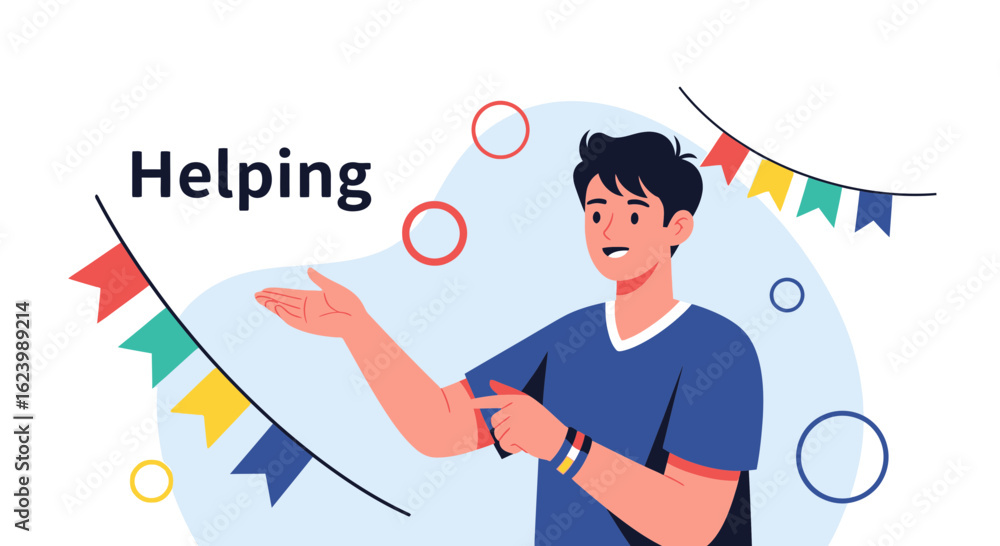 Kind Person Offering Assistance Illustration With Party Flags And Decoration Kind Person Offering Assistance Illustration With Party Flags And Decoration