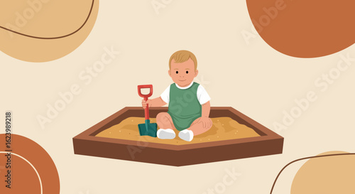 Happy Child Plays in Sandpit With a Shovel Illustration For Childhood Concept
