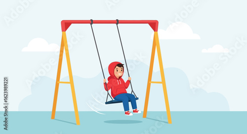 Happy Child Swinging on Playground Swing Set in an Active Recreation Area