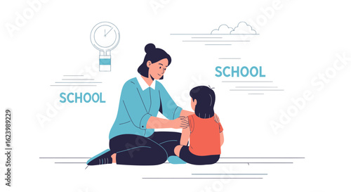 Kind Teacher Comforting a Sad Little Girl in School Concept Illustration