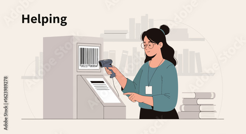 Librarian Scanning Barcode For Library Book Lending Or Self Checkout Station