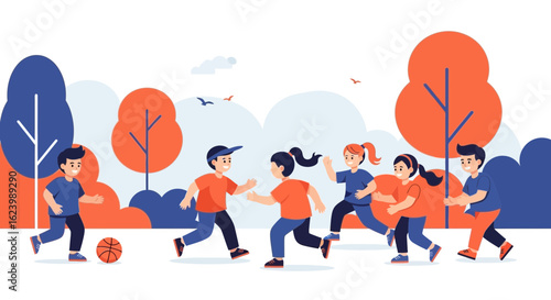 Happy Children Playing Outdoors Games in Park With Ball Cartoon Illustration