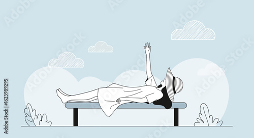 Lazy Summer Day Dreamy Scene Woman Relaxing On Bench Under Cloudy Skies