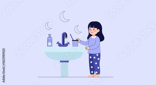 Little Girl Brushing Her Teeth Before Sleeping Illustration Design