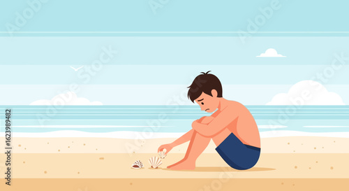 Lonely Boy Contemplates Relationship Problems Alone on a Beach Scene