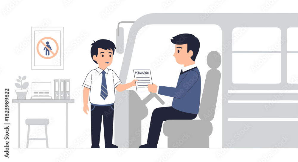 Fototapeta premium Man Asking For Written Permission From Bus Driver In Order To Travel