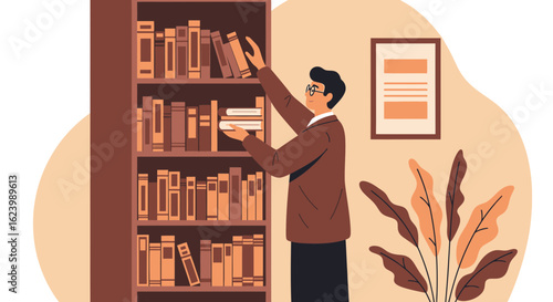 Man Arranging Books on Bookshelf at Home Study or Library Vector Illustration