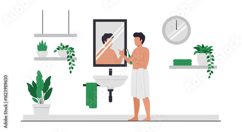 Man Brushing Teeth In Modern Bathroom With Potted Plants And Minimalist Design