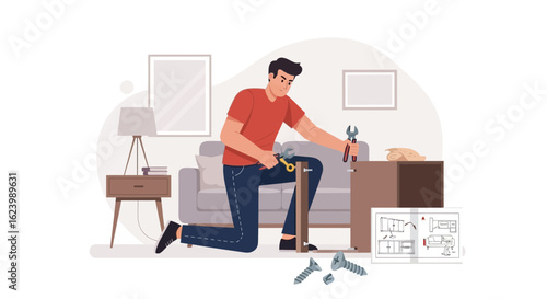 Man Assembling Furniture in Living Room With Tools At Home DIY Project