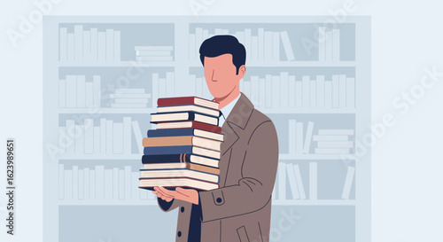 Man Carries Stack Of Books In Library With Knowledge And Literary