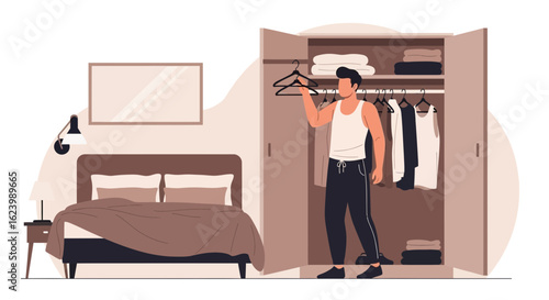 Man Choosing Clothes From Wardrobe In Minimalist Bedroom Interior Design