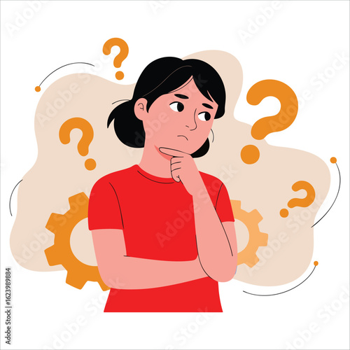 Woman questioning everything shown in cartoon flat vector. Girl in casual outfit surrounded by question mark. Concept of doubt and confusion