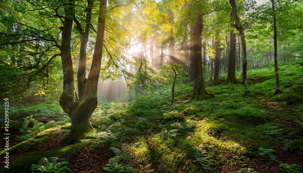 Naklejka premium lush green forest background dappled sunlight filtering through leaves creating a magical atmosphere ideal for nature themed projects websites or presentations branches magical