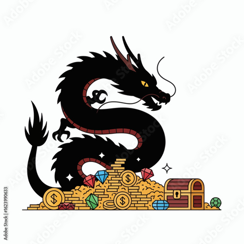 A black dragon with red accents sits on a pile of gold coins and gems next to a treasure chest