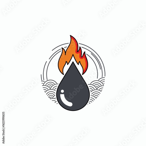 A black liquid drop with a flame on top encircled by waves and semicircular lines