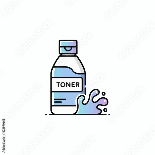 A bottle of toner beside a splash of blue and pink liquid on a white background