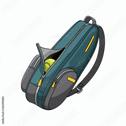 A blue and grey tennis bag partially unzipped reveals a tennis ball inside