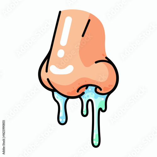 A cartoon nose drips with bluegreen snot