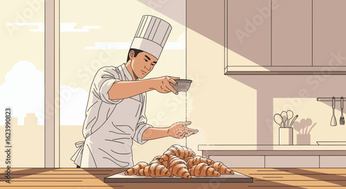 A chef in a kitchen sprinkles a white powder over a batch of croissants