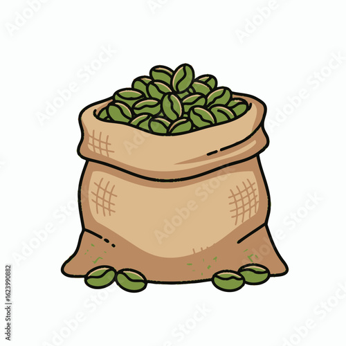 A cloth sack overflowing with green coffee beans with some scattered on the ground